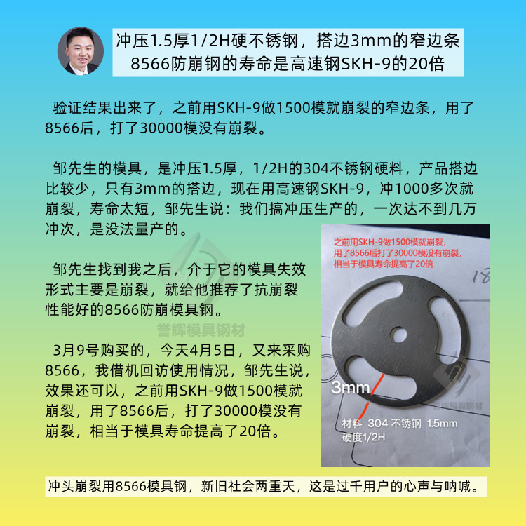 8566模具钢寿命是DC53的5倍，冲压0.8mm65锰钢三爪冲头。第503篇