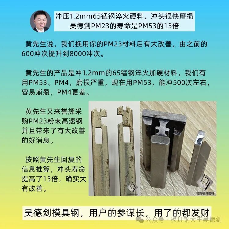 誉辉PM23粉末高速钢把冲头寿命提高13倍，黄先生连续3年采购。随手记094