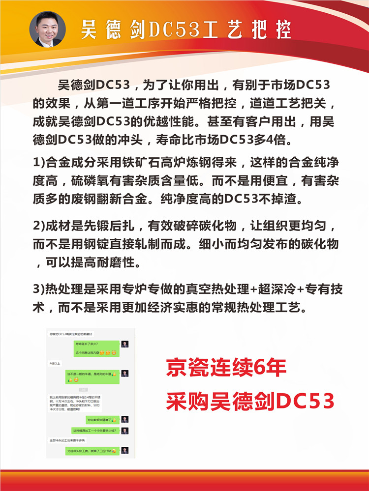 吴德剑DC53模具钢，京瓷连续6年采购。DC53钢材熟料，当天顺丰发出，出货比麦当劳还快。